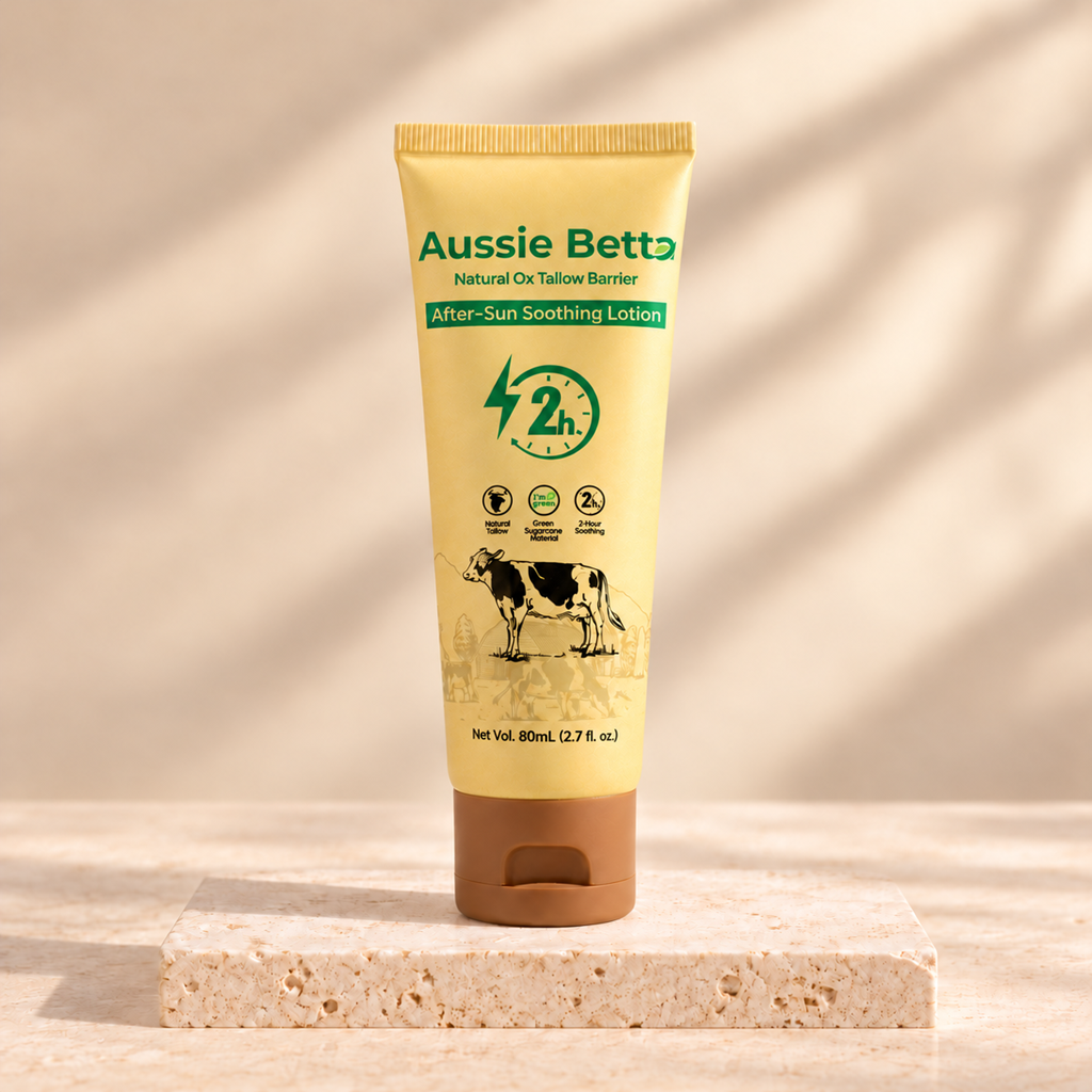 Lozione doposole lenitiva Aussie Betta, 80 mL, su pietra color crema