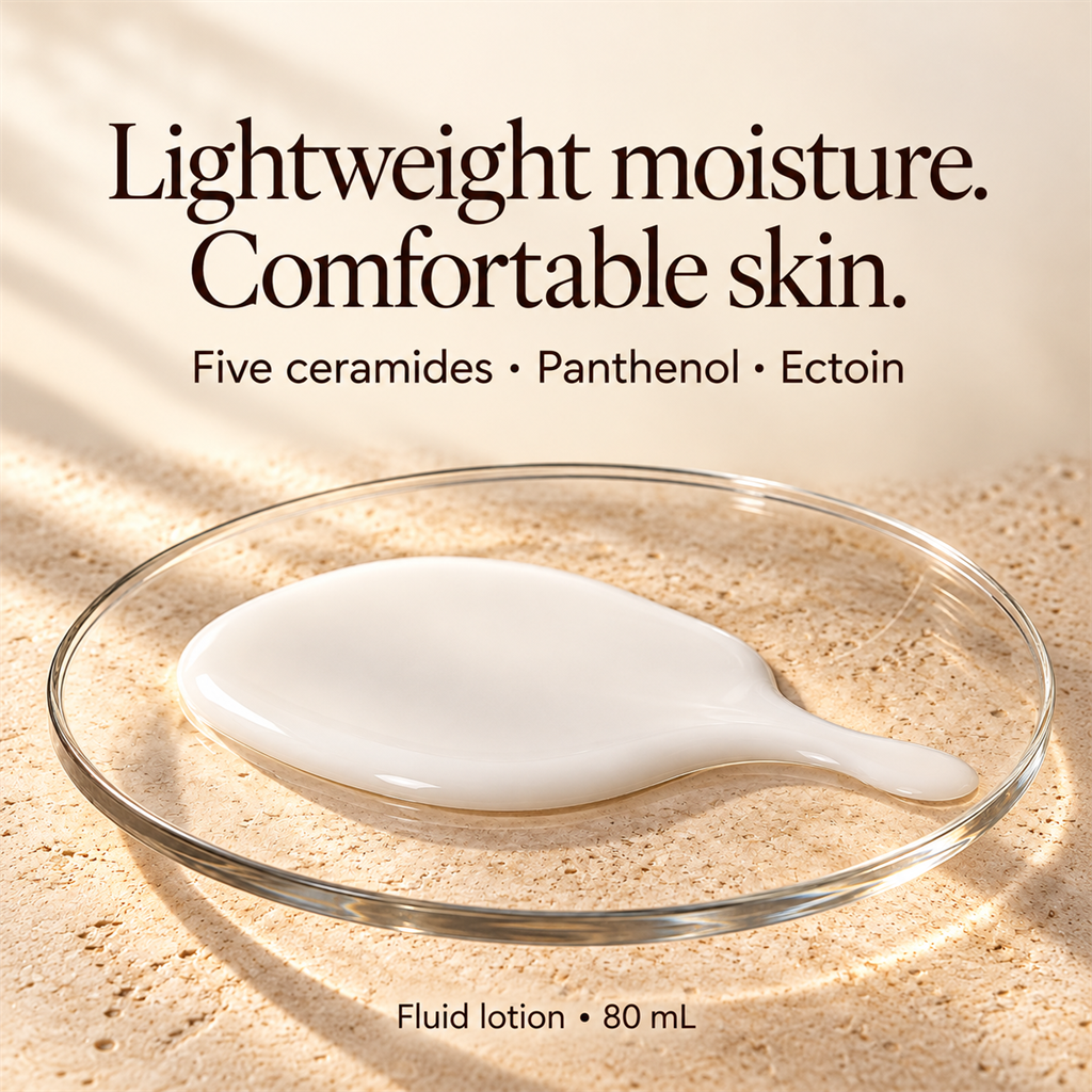 Idratazione leggera con cinque ceramidi, pantenolo ed ectoina; illustrazione della texture fluida della lozione