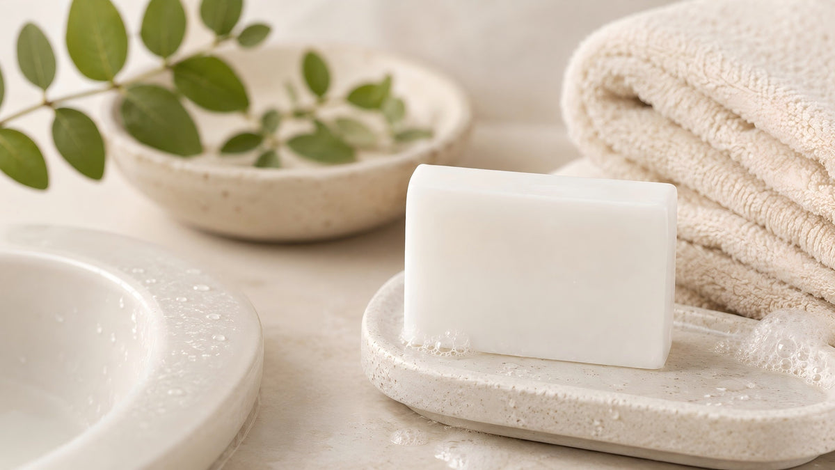 A clarifying cleansing bar for body, hands and occasional facial use.